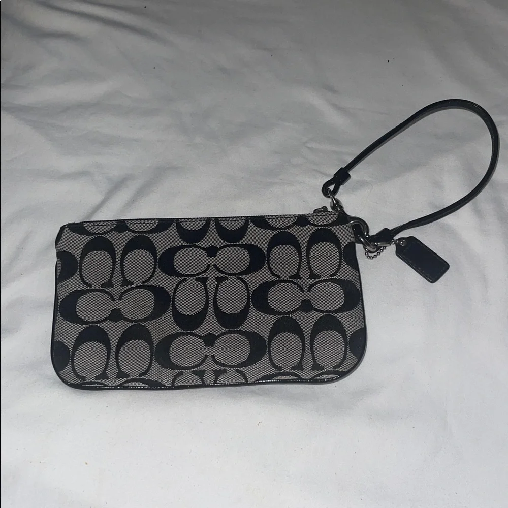 Coach Signature Logo Jacaranda Black/Grey Cotton Leather Silver Buckle Wristlet